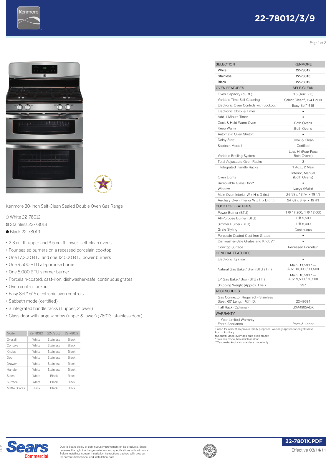 Page 1 of 2 - Kenmore Kenmore-Kenmore-5-8-Cu-Ft-Double-Oven-Gas-Range-Specifications-  Kenmore-kenmore-5-8-cu-ft-double-oven-gas-range-specifications
