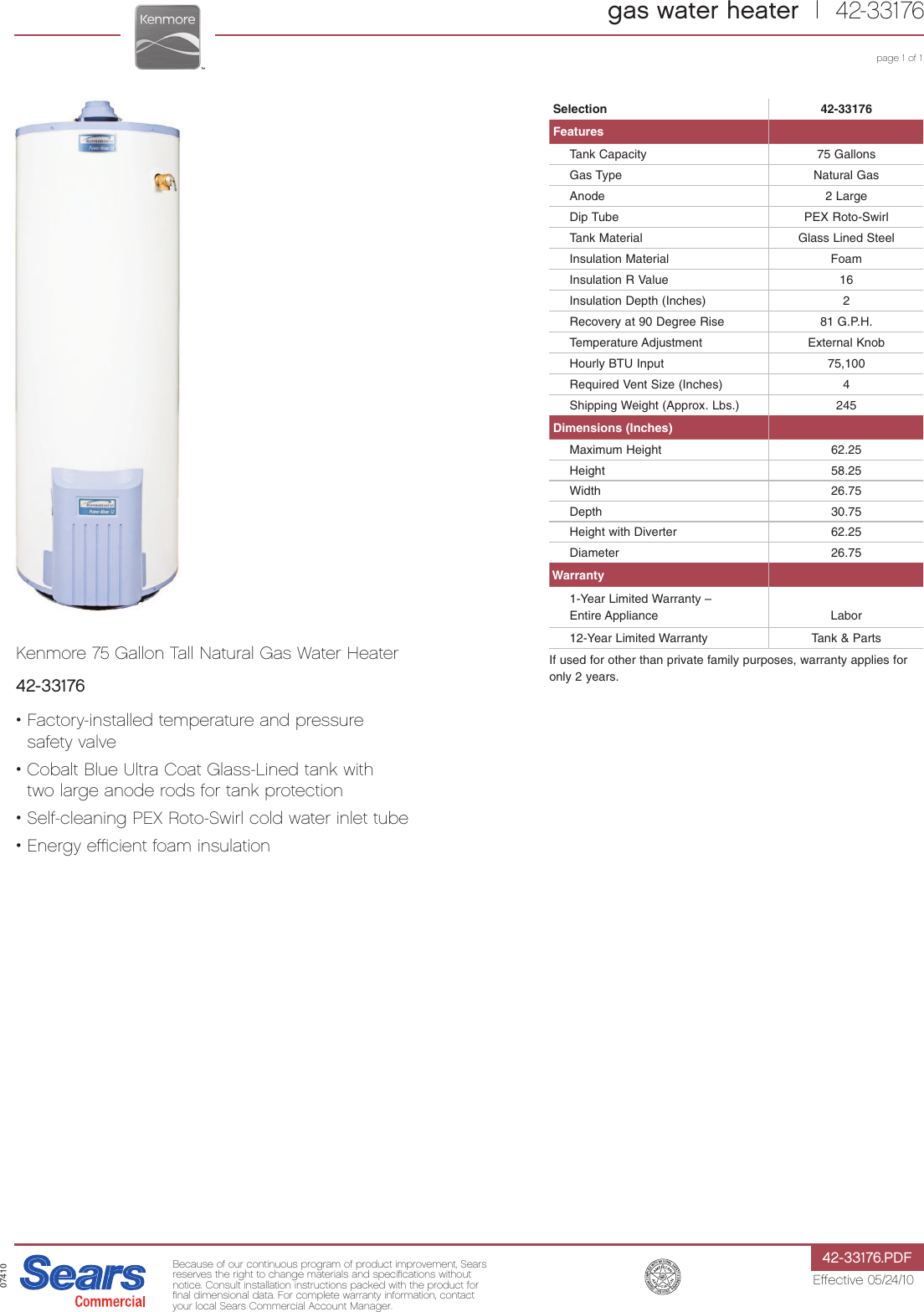Page 1 of 1 - Kenmore Kenmore-Kenmore-74-Gal-12-Year-Tall-Natural-Gas-Water-Heater-Specifications-  Kenmore-kenmore-74-gal-12-year-tall-natural-gas-water-heater-specifications