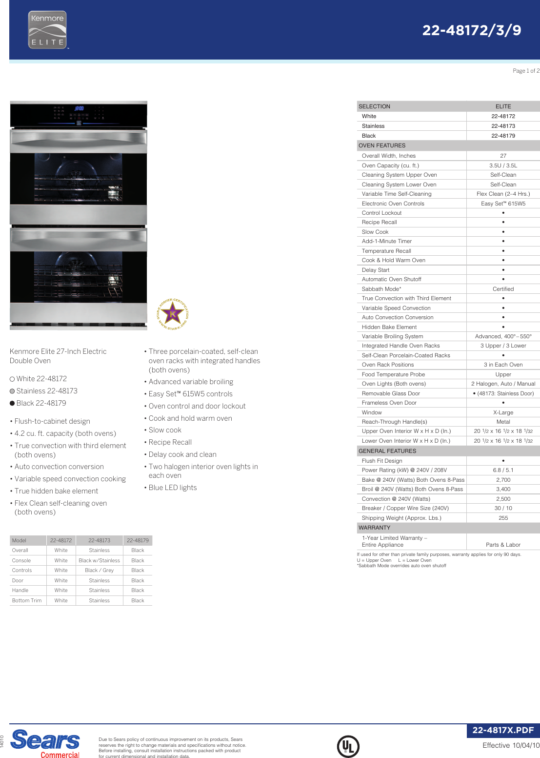 Page 1 of 2 - Kenmore Kenmore-Kenmore-Elite-27-Double-Wall-Oven-Installation-Instructions-  Kenmore-kenmore-elite-27-double-wall-oven-installation-instructions