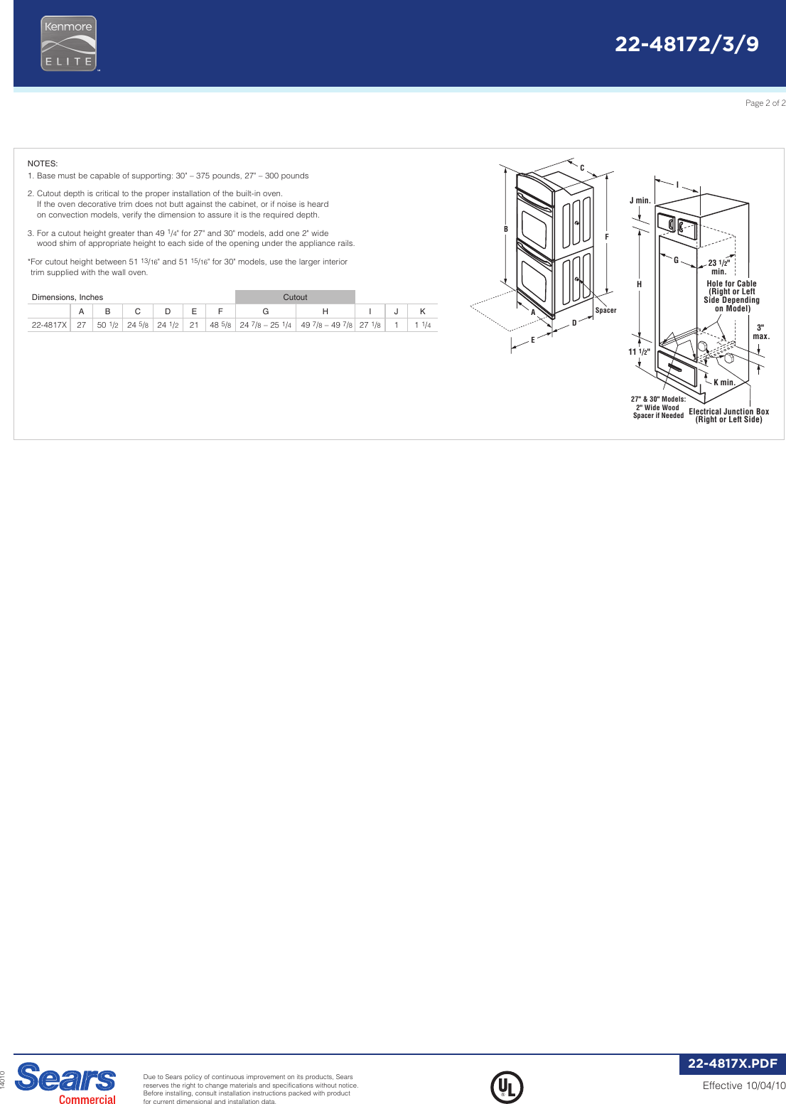 Page 2 of 2 - Kenmore Kenmore-Kenmore-Elite-27-Double-Wall-Oven-Installation-Instructions-  Kenmore-kenmore-elite-27-double-wall-oven-installation-instructions