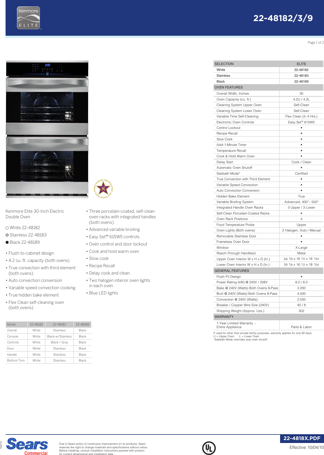 Page 1 of 2 - Kenmore Kenmore-Kenmore-Elite-30-Double-Wall-Oven-Installation-Instructions-  Kenmore-kenmore-elite-30-double-wall-oven-installation-instructions