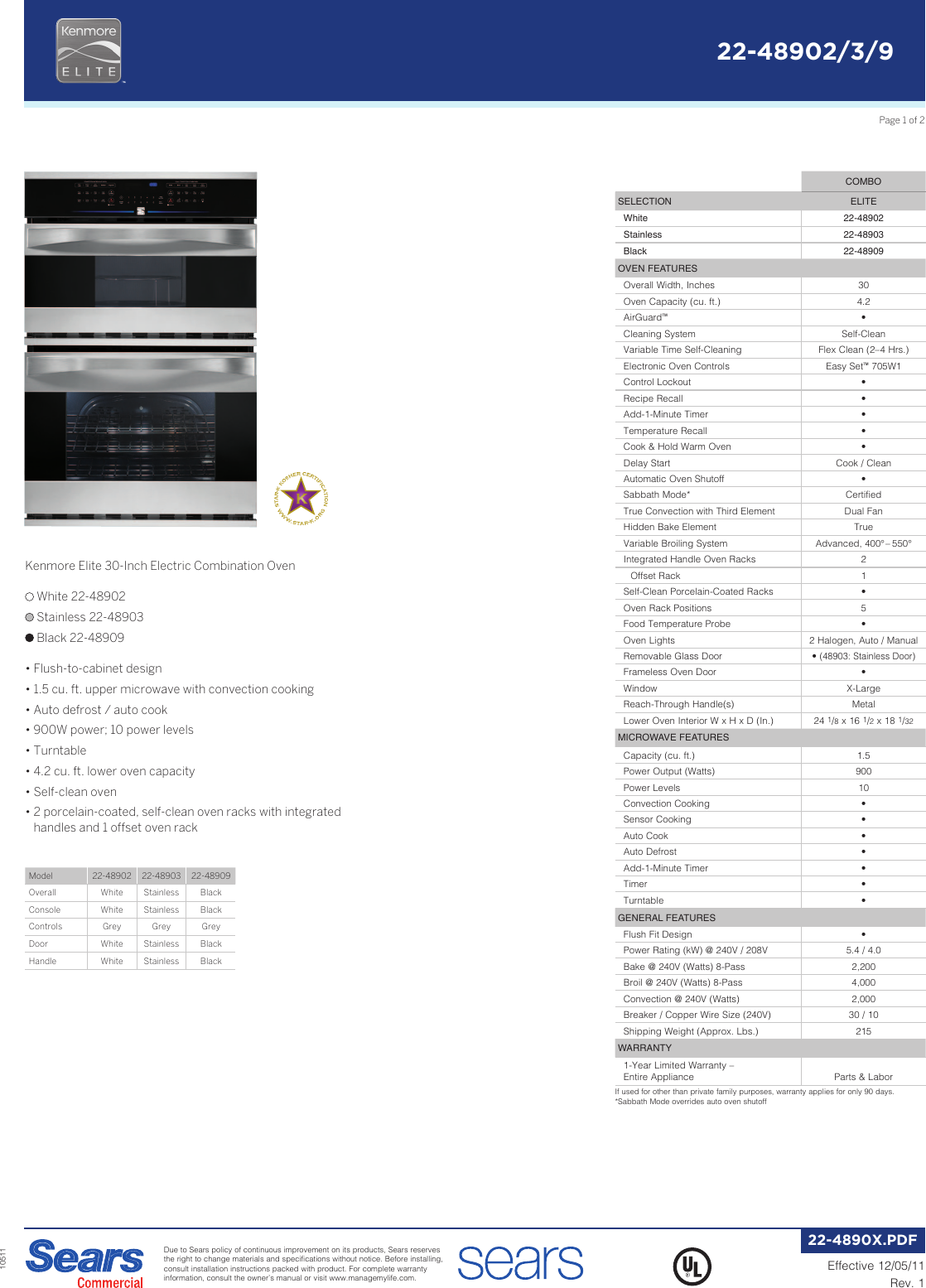 Page 1 of 2 - Kenmore Kenmore-Kenmore-Elite-30-Electric-Combination-Wall-Oven-W-Convection-Specifications-  Kenmore-kenmore-elite-30-electric-combination-wall-oven-w-convection-specifications
