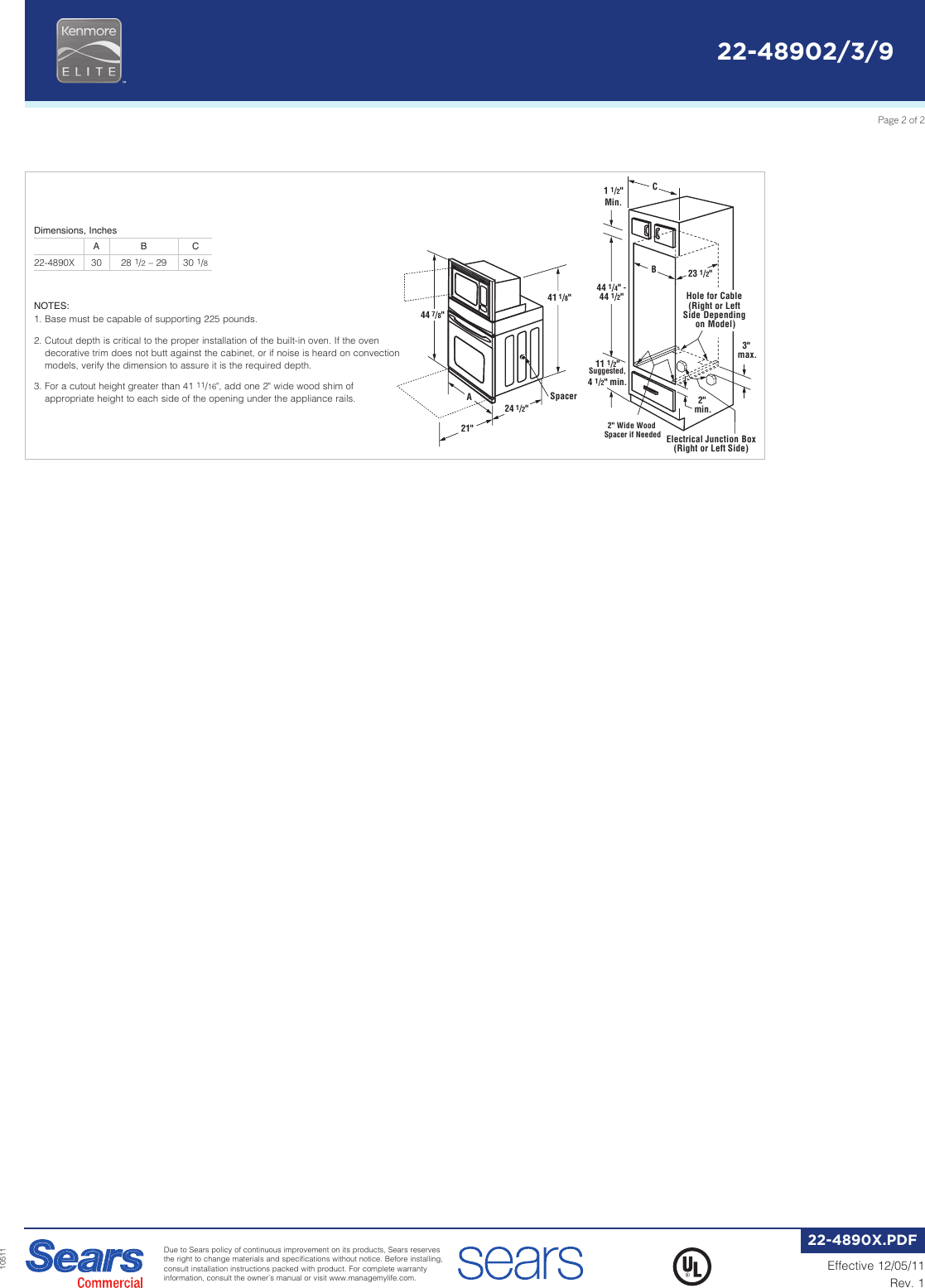 Page 2 of 2 - Kenmore Kenmore-Kenmore-Elite-30-Electric-Combination-Wall-Oven-W-Convection-Specifications-  Kenmore-kenmore-elite-30-electric-combination-wall-oven-w-convection-specifications