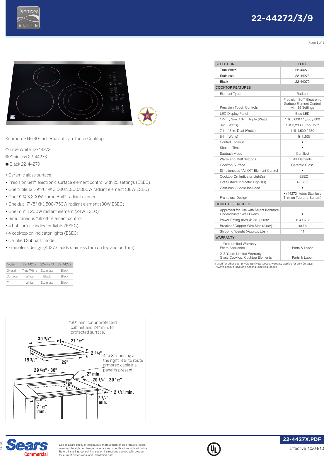 Kenmore Elite 30 Electric Cooktop Black Installation Guide