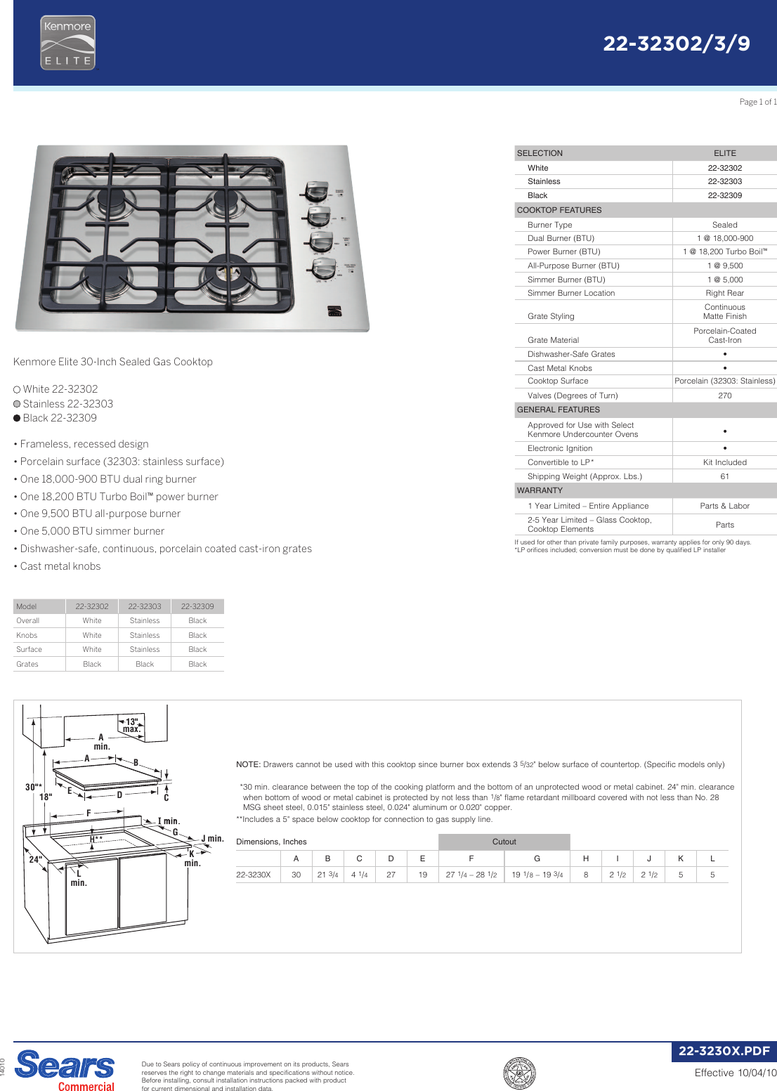 Kenmore Elite 30 Gas Cooktop 3230 Installation Guide