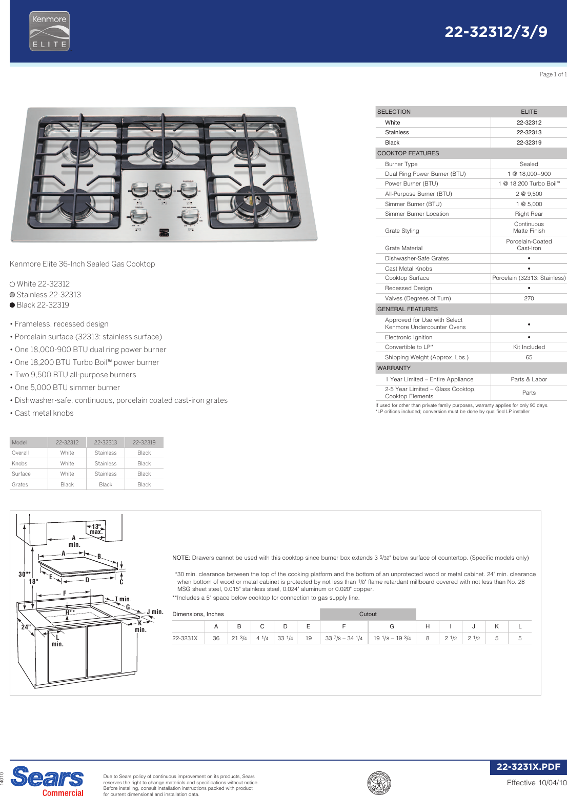 Page 1 of 1 - Kenmore Kenmore-Kenmore-Elite-36-Gas-Cooktop-Installation-Guide-  Kenmore-kenmore-elite-36-gas-cooktop-installation-guide