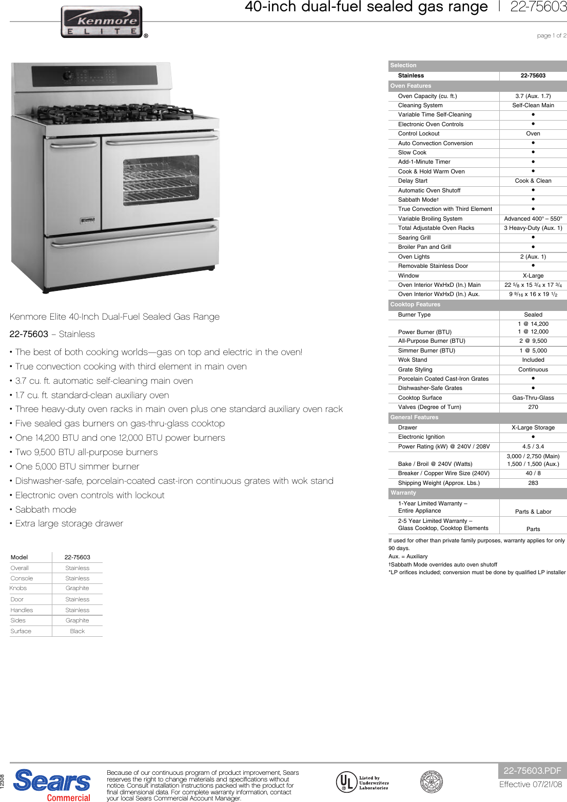 Page 1 of 2 - Kenmore Kenmore-Kenmore-Elite-40-Double-Oven-Dual-Fuel-Range-W-Convection-Specifications- 22-75603  Kenmore-kenmore-elite-40-double-oven-dual-fuel-range-w-convection-specifications