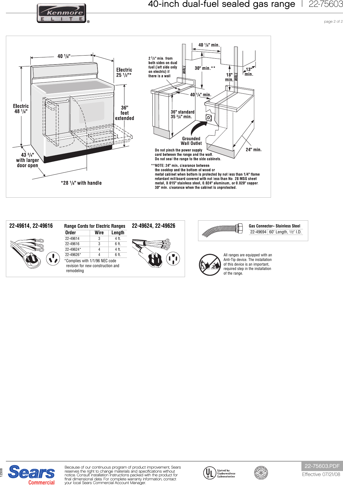 Page 2 of 2 - Kenmore Kenmore-Kenmore-Elite-40-Double-Oven-Dual-Fuel-Range-W-Convection-Specifications- 22-75603  Kenmore-kenmore-elite-40-double-oven-dual-fuel-range-w-convection-specifications