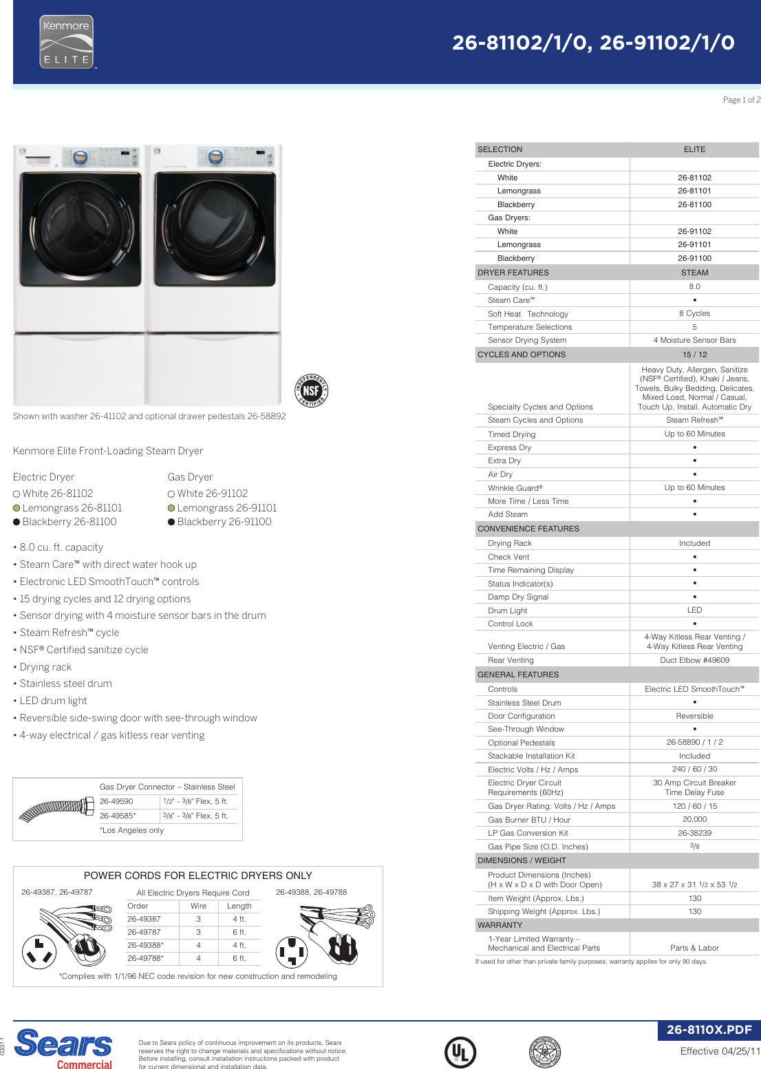 Page 1 of 2 - Kenmore Kenmore-Kenmore-Elite-8-0-Cu-Ft-Steam-Electric-Dryer-Measurement-Cheat-Sheet-  Kenmore-kenmore-elite-8-0-cu-ft-steam-electric-dryer-measurement-cheat-sheet