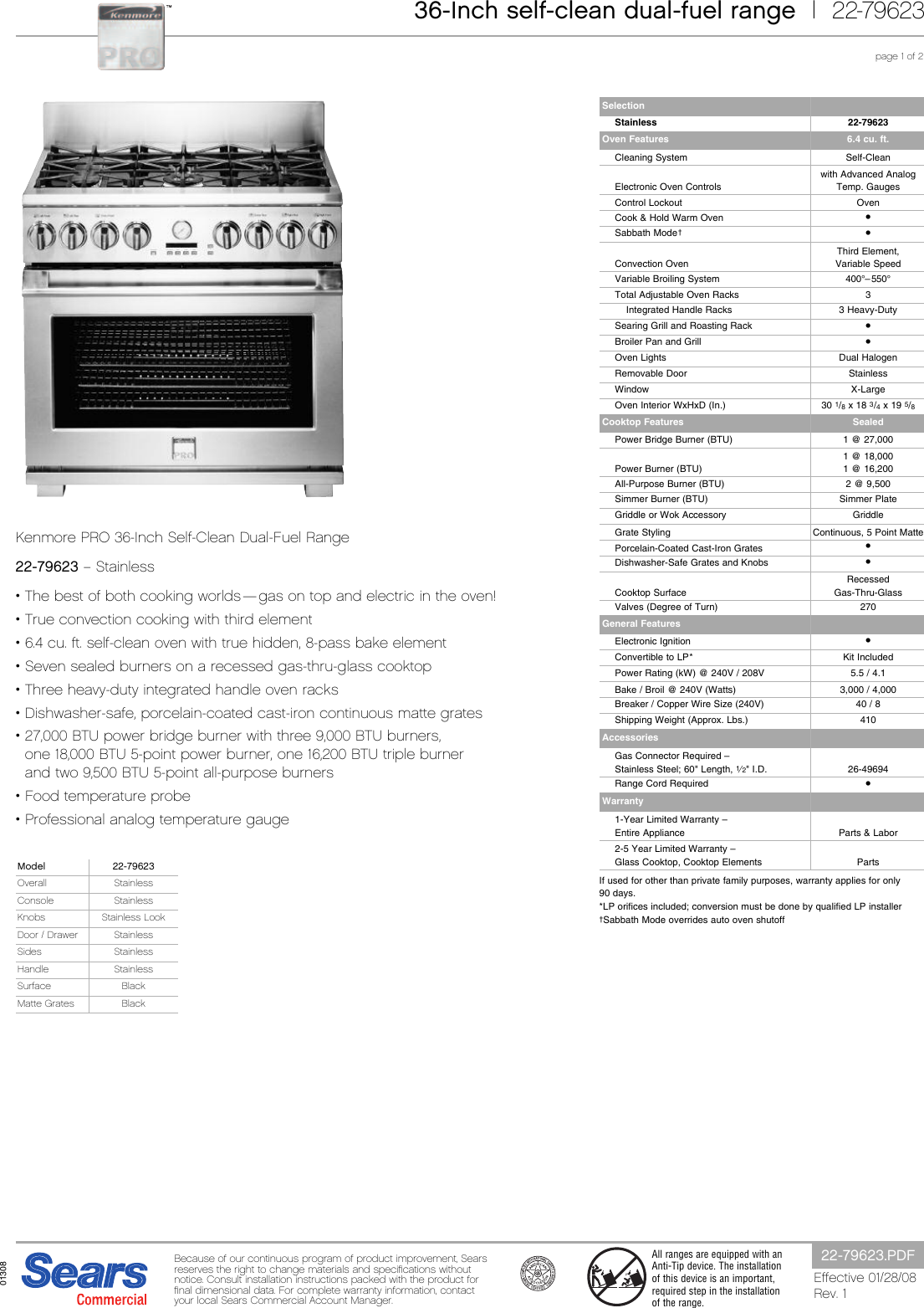 Page 1 of 2 - Kenmore Kenmore-Kenmore-Pro-36-Freestanding-Dual-Fuel-Range-Specifications- 22-79623  Kenmore-kenmore-pro-36-freestanding-dual-fuel-range-specifications