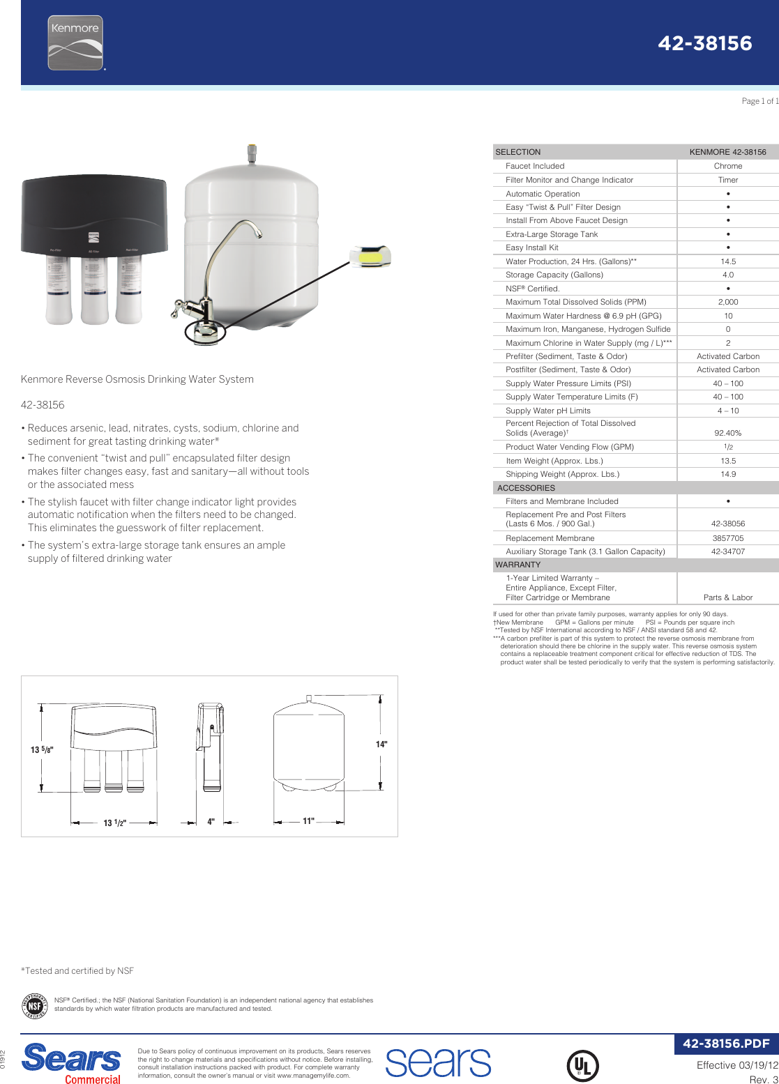 Page 1 of 1 - Kenmore Kenmore-Kenmore-Reverse-Osmosis-Drinking-Water-System-Specifications-  Kenmore-kenmore-reverse-osmosis-drinking-water-system-specifications