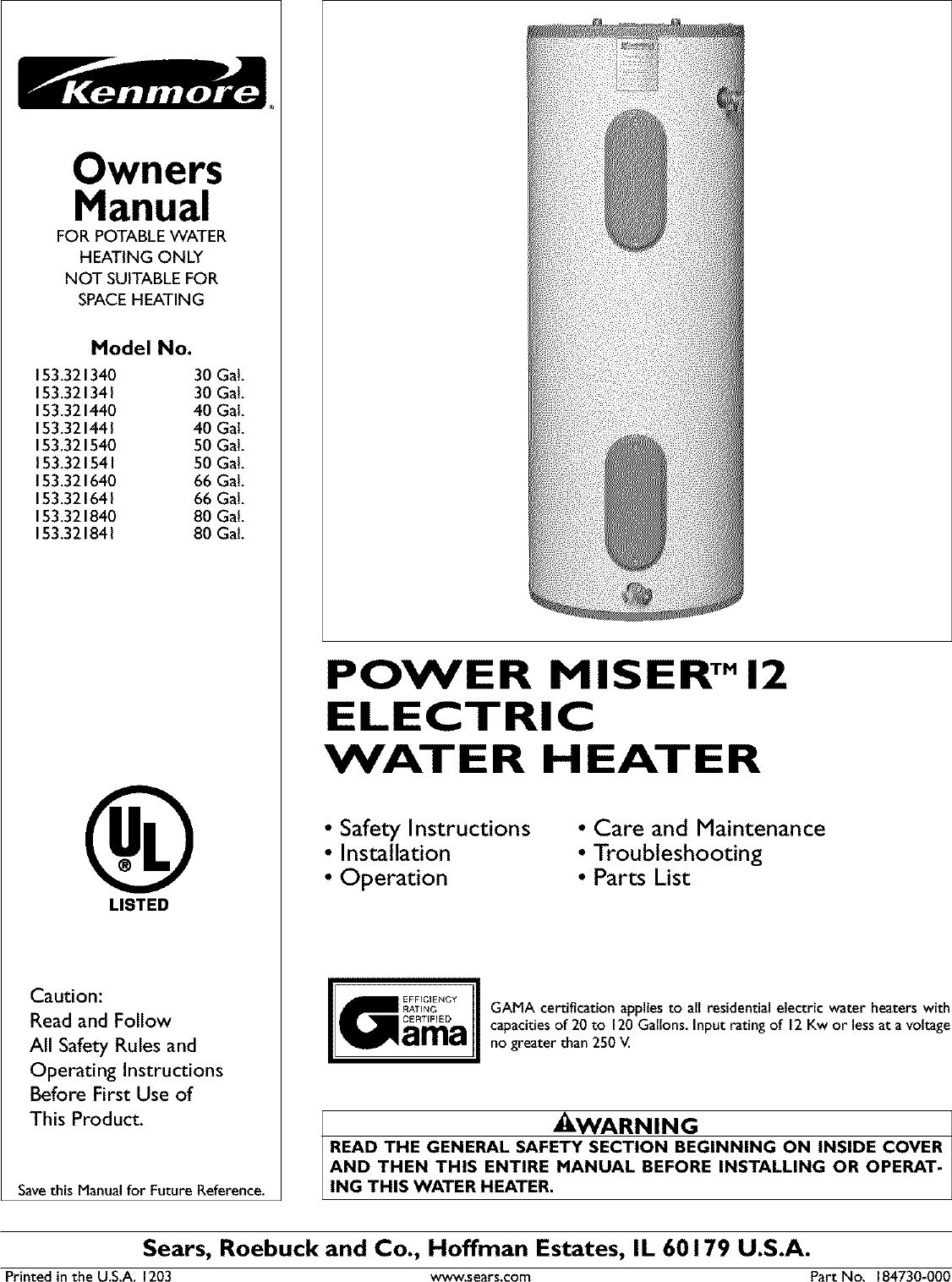 Kenmore Power Miser 153 32134 Users Manual