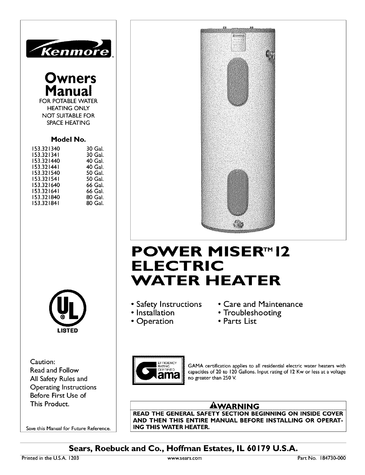 Kenmore Power Miser 153 32134 Users Manual