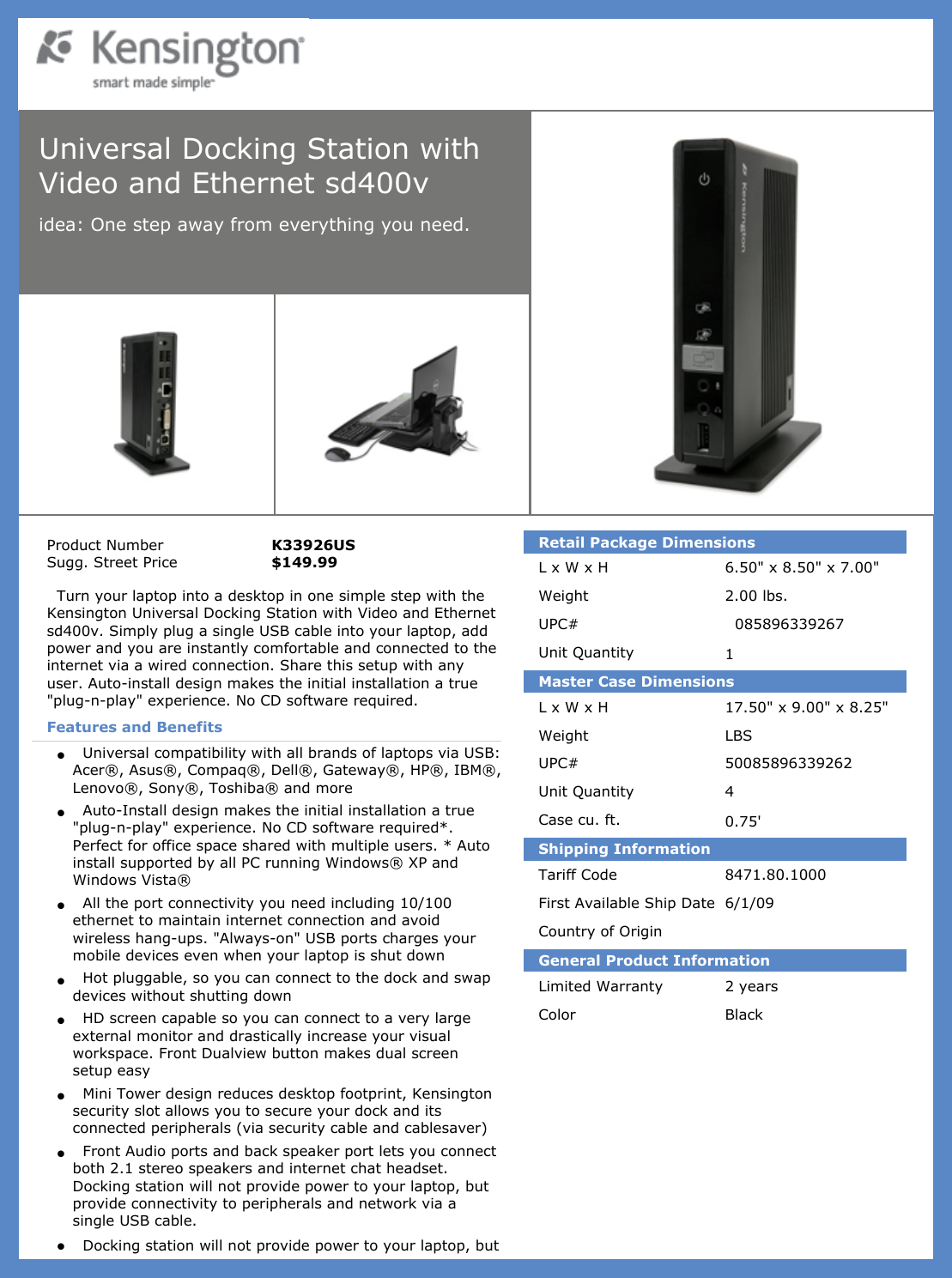 Page 1 of 2 - Kensington Kensington-Sd400V-K33926Us-Users-Manual-  Kensington-sd400v-k33926us-users-manual
