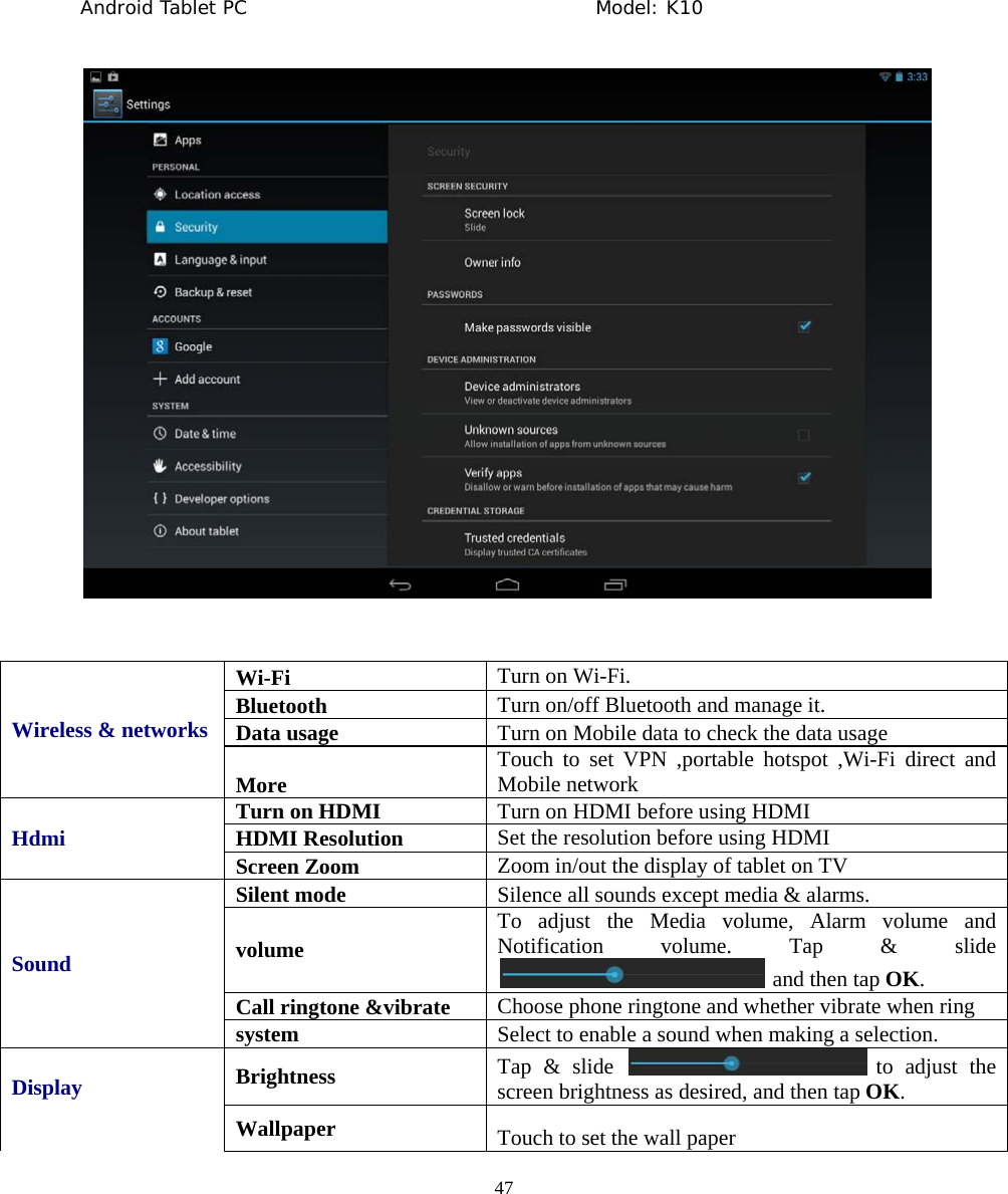 Android Tablet PC                                     Model: K10  47   Wireless &amp; networks Wi-Fi  Turn on Wi-Fi. Bluetooth  Turn on/off Bluetooth and manage it. Data usage  Turn on Mobile data to check the data usage More  Touch to set VPN ,portable hotspot ,Wi-Fi direct and Mobile network Hdmi  Turn on HDMI  Turn on HDMI before using HDMI HDMI Resolution  Set the resolution before using HDMI Screen Zoom  Zoom in/out the display of tablet on TV Sound  Silent mode  Silence all sounds except media &amp; alarms. volume To adjust the Media volume, Alarm volume and Notification volume. Tap &amp; slide   and then tap OK. Call ringtone &amp;vibrate  Choose phone ringtone and whether vibrate when ring system  Select to enable a sound when making a selection. Display   Brightness  Tap &amp; slide   to adjust the screen brightness as desired, and then tap OK. Wallpaper  Touch to set the wall paper 