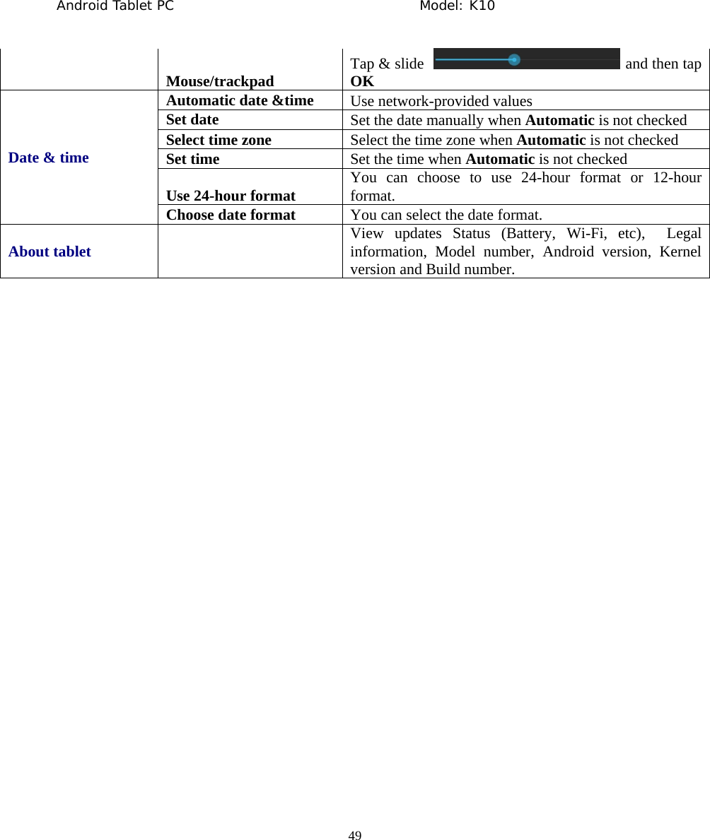 Android Tablet PC                                     Model: K10  49  Mouse/trackpad  Tap &amp; slide    and then tap OKDate &amp; time Automatic date &amp;time  Use network-provided values Set date  Set the date manually when Automatic is not checked Select time zone  Select the time zone when Automatic is not checked Set time  Set the time when Automatic is not checked Use 24-hour format  You can choose to use 24-hour format or 12-hour format. Choose date format  You can select the date format. About tablet   View updates Status (Battery, Wi-Fi, etc),  Legal information, Model number, Android version, Kernel version and Build number.  