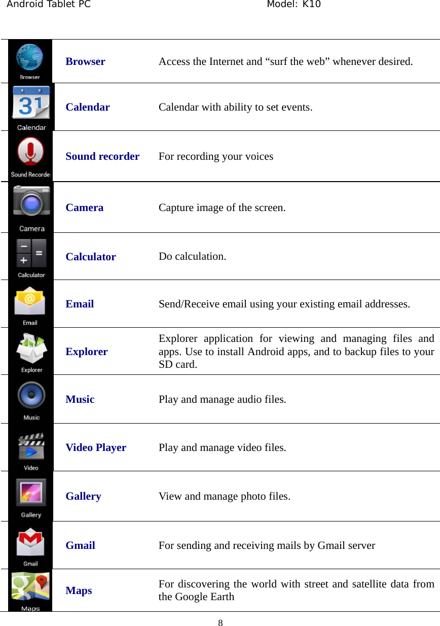Android Tablet PC                                     Model: K10  8   Browser Access the Internet and &ldquo;surf the web&rdquo; whenever desired.  Calendar Calendar with ability to set events.  Sound recorder For recording your voices  Camera  Capture image of the screen.  Calculator Do calculation.  Email Send/Receive email using your existing email addresses.  Explorer  Explorer application for viewing and managing files and apps. Use to install Android apps, and to backup files to your SD card.  Music  Play and manage audio files.  Video Player  Play and manage video files.  Gallery  View and manage photo files.  Gmail For sending and receiving mails by Gmail server  Maps For discovering the world with street and satellite data from the Google Earth 