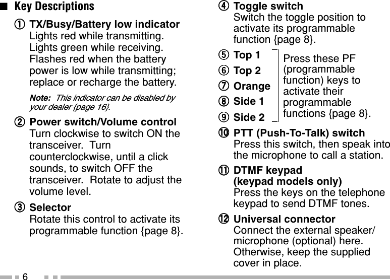 6■Key DescriptionsqqqqqTX/Busy/Battery low indicatorLights red while transmitting.Lights green while receiving.Flashes red when the batterypower is low while transmitting;replace or recharge the battery.Note:  This indicator can be disabled byyour dealer {page 16}.wwwwwPower switch/Volume controlTurn clockwise to switch ON thetransceiver.  Turncounterclockwise, until a clicksounds, to switch OFF thetransceiver.  Rotate to adjust thevolume level.eeeeeSelectorRotate this control to activate itsprogrammable function {page 8}.Press these PF(programmablefunction) keys toactivate theirprogrammablefunctions {page 8}.rrrrrToggle switchSwitch the toggle position toactivate its programmablefunction {page 8}.tttttTop 1yyyyyTop 2uuuuuOrangeiiiiiSide 1oooooSide 2!0!0!0!0!0 PTT (Push-To-Talk) switchPress this switch, then speak intothe microphone to call a station.!1!1!1!1!1 DTMF keypad(keypad models only)Press the keys on the telephonekeypad to send DTMF tones.!2!2!2!2!2 Universal connectorConnect the external speaker/microphone (optional) here.Otherwise, keep the suppliedcover in place.