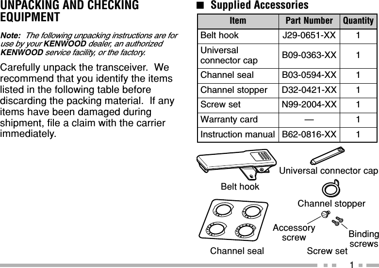 1UNPACKING AND CHECKINGEQUIPMENTNote:  The following unpacking instructions are foruse by your KENWOOD dealer, an authorizedKENWOOD service facility, or the factory.Carefully unpack the transceiver.  Werecommend that you identify the itemslisted in the following table beforediscarding the packing material.  If anyitems have been damaged duringshipment, file a claim with the carrierimmediately.metI rebmuNtraP ytitnauQkoohtleBXX-1560-92J1lasrevinUpacrotcennoc XX-3630-90B1laeslennahCXX-4950-30B1reppotslennahCXX-1240-23D1teswercSXX-4002-99N1dracytnarraW—1launamnoitcurtsnIXX-6180-26B1■Supplied AccessoriesChannel stopperChannel sealBelt hookUniversal connector capAccessoryscrew BindingscrewsScrew set