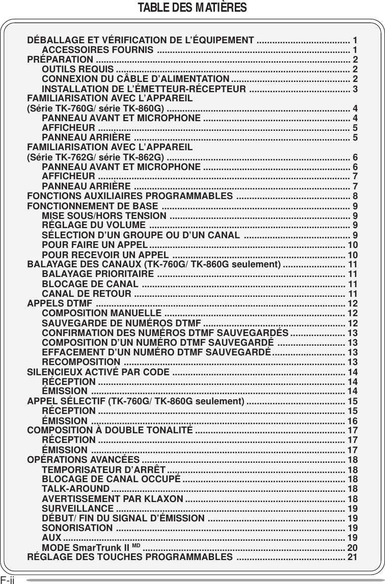 F-iiTABLE DES MATIÈRESDÉBALLAGE ET VÉRIFICATION DE L’ÉQUIPEMENT .................................... 1ACCESSOIRES FOURNIS ........................................................................... 1PRÉPARATION ................................................................................................... 2OUTILS REQUIS ........................................................................................... 2CONNEXION DU CÂBLE D’ALIMENTATION.............................................. 2INSTALLATION DE L’ÉMETTEUR-RÉCEPTEUR ....................................... 3FAMILIARISATION AVEC L’APPAREIL(Série TK-760G/ série TK-860G) ....................................................................... 4PANNEAU AVANT ET MICROPHONE ......................................................... 4AFFICHEUR .................................................................................................. 5PANNEAU ARRIÈRE .................................................................................... 5FAMILIARISATION AVEC L’APPAREIL(Série TK-762G/ série TK-862G) ....................................................................... 6PANNEAU AVANT ET MICROPHONE ......................................................... 6AFFICHEUR .................................................................................................. 7PANNEAU ARRIÈRE .................................................................................... 7FONCTIONS AUXILIAIRES PROGRAMMABLES ............................................ 8FONCTIONNEMENT DE BASE ......................................................................... 9MISE SOUS/HORS TENSION ...................................................................... 9RÉGLAGE DU VOLUME .............................................................................. 9SÉLECTION D’UN GROUPE OU D’UN CANAL ......................................... 9POUR FAIRE UN APPEL............................................................................ 10POUR RECEVOIR UN APPEL ................................................................... 10BALAYAGE DES CANAUX (TK-760G/ TK-860G seulement) ........................ 11BALAYAGE PRIORITAIRE ......................................................................... 11BLOCAGE DE CANAL ............................................................................... 11CANAL DE RETOUR .................................................................................. 11APPELS DTMF ................................................................................................. 12COMPOSITION MANUELLE ...................................................................... 12SAUVEGARDE DE NUMÉROS DTMF ....................................................... 12CONFIRMATION DES NUMÉROS DTMF SAUVEGARDÉS ..................... 13COMPOSITION D’UN NUMÉRO DTMF SAUVEGARDÉ .......................... 13EFFACEMENT D’UN NUMÉRO DTMF SAUVEGARDÉ............................ 13RECOMPOSITION ...................................................................................... 13SILENCIEUX ACTIVÉ PAR CODE ................................................................... 14RÉCEPTION ................................................................................................ 14ÉMISSION ................................................................................................... 14APPEL SÉLECTIF (TK-760G/ TK-860G seulement) ...................................... 15RÉCEPTION ................................................................................................ 15ÉMISSION ................................................................................................... 16COMPOSITION À DOUBLE TONALITÉ .......................................................... 17RÉCEPTION ................................................................................................ 17ÉMISSION ................................................................................................... 17OPÉRATIONS AVANCÉES ............................................................................... 18TEMPORISATEUR D’ARRÊT ..................................................................... 18BLOCAGE DE CANAL OCCUPÉ ............................................................... 18TALK-AROUND ........................................................................................... 18AVERTISSEMENT PAR KLAXON .............................................................. 18SURVEILLANCE ......................................................................................... 19DÉBUT/ FIN DU SIGNAL D’ÉMISSION ..................................................... 19SONORISATION ......................................................................................... 19AUX .............................................................................................................. 19MODE SmarTrunk II MD ............................................................................... 20RÉGLAGE DES TOUCHES PROGRAMMABLES .......................................... 21