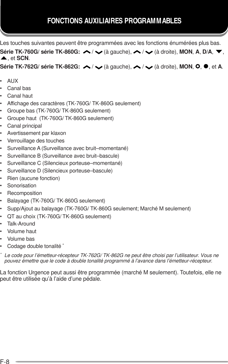 F-8FONCTIONS AUXILIAIRES PROGRAMMABLESLes touches suivantes peuvent être programmées avec les fonctions énumérées plus bas.Série TK-760G/ série TK-860G:    /   (à gauche),   /   (à droite), MON, A, D/A,  ,, et SCN.Série TK-762G/ série TK-862G:    /   (à gauche),   /   (à droite), MON,  ,  , et A.• AUX• Canal bas• Canal haut• Affichage des caractères (TK-760G/ TK-860G seulement)• Groupe bas (TK-760G/ TK-860G seulement)• Groupe haut  (TK-760G/ TK-860G seulement)• Canal principal• Avertissement par klaxon• Verrouillage des touches• Surveillance A (Surveillance avec bruit–momentané)• Surveillance B (Surveillance avec bruit–bascule)• Surveillance C (Silencieux porteuse–momentané)• Surveillance D (Silencieux porteuse–bascule)• Rien (aucune fonction)• Sonorisation• Recomposition• Balayage (TK-760G/ TK-860G seulement)• Supp/Ajout au balayage (TK-760G/ TK-860G seulement; Marché M seulement)• QT au choix (TK-760G/ TK-860G seulement)• Talk-Around• Volume haut• Volume bas• Codage double tonalité **Le code pour l’émetteur-récepteur TK-762G/ TK-862G ne peut être choisi par l’utilisateur. Vous nepouvez émettre que le code à double tonalité programmé à l’avance dans l’émetteur-récepteur.La fonction Urgence peut aussi être programmée (marché M seulement). Toutefois, elle nepeut être utilisée qu’à l’aide d’une pédale.