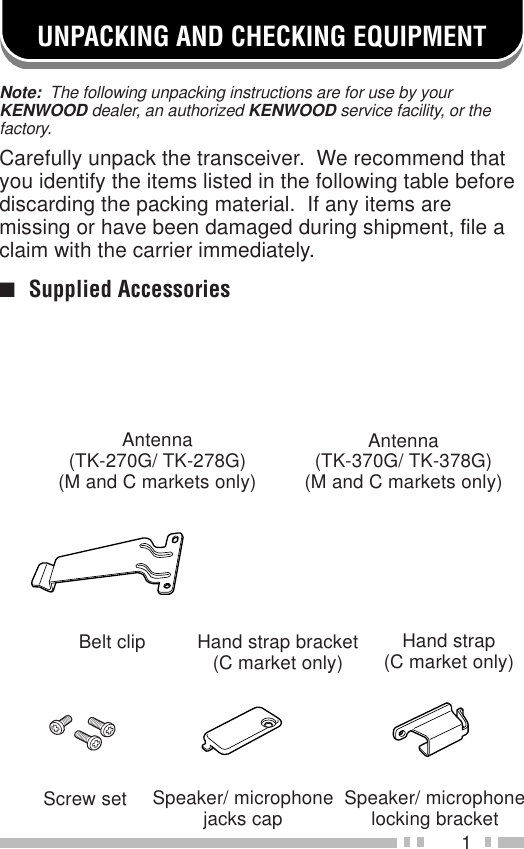 1UNPACKING AND CHECKING EQUIPMENTNote:  The following unpacking instructions are for use by yourKENWOOD dealer, an authorized KENWOOD service facility, or thefactory.Carefully unpack the transceiver.  We recommend thatyou identify the items listed in the following table beforediscarding the packing material.  If any items aremissing or have been damaged during shipment, file aclaim with the carrier immediately.■Supplied AccessoriesBelt clipSpeaker/ microphonejacks capScrew set Speaker/ microphonelocking bracketAntenna(TK-270G/ TK-278G)(M and C markets only)Hand strap bracket(C market only) Hand strap(C market only)Antenna(TK-370G/ TK-378G)(M and C markets only)