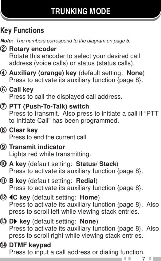 7Key FunctionsNote:  The numbers correspond to the diagram on page 5.wwwwwRotary encoderRotate this encoder to select your desired calladdress (voice calls) or status (status calls).rrrrrAuxiliary (orange) key (default setting:  None)Press to activate its auxiliary function {page 8}.yyyyyCall keyPress to call the displayed call address.uuuuuPTT (Push-To-Talk) switchPress to transmit.  Also press to initiate a call if “PTTto Initiate Call” has been programmed.iiiiiClear keyPress to end the current call.oooooTransmit indicatorLights red while transmitting.!0!0!0!0!0 A key (default setting:  Status/ Stack)Press to activate its auxiliary function {page 8}.!1!1!1!1!1 B key (default setting:  Redial)Press to activate its auxiliary function {page 8}.!2!2!2!2!2 C key (default setting:  Home)Press to activate its auxiliary function {page 8}.  Alsopress to scroll left while viewing stack entries.!3!3!3!3!3 D key (default setting:  None)Press to activate its auxiliary function {page 8}.  Alsopress to scroll right while viewing stack entries.!4!4!4!4!4 DTMF keypadPress to input a call address or dialing function.TRUNKING MODE