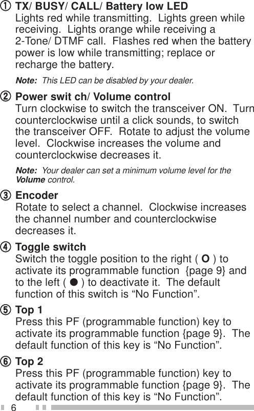 6qqqqqTX/ BUSY/ CALL/ Battery low LEDLights red while transmitting.  Lights green whilereceiving.  Lights orange while receiving a2-Tone/ DTMF call.  Flashes red when the batterypower is low while transmitting; replace orrecharge the battery.Note:  This LED can be disabled by your dealer.wwwwwPower swit ch/ Volume controlTurn clockwise to switch the transceiver ON.  Turncounterclockwise until a click sounds, to switchthe transceiver OFF.  Rotate to adjust the volumelevel.  Clockwise increases the volume andcounterclockwise decreases it.Note:  Your dealer can set a minimum volume level for theVolume control.eeeeeEncoderRotate to select a channel.  Clockwise increasesthe channel number and counterclockwisedecreases it.rrrrrToggle switchSwitch the toggle position to the right ( O ) toactivate its programmable function  {page 9} andto the left ( ● ) to deactivate it.  The defaultfunction of this switch is “No Function”.tttttTop 1Press this PF (programmable function) key toactivate its programmable function {page 9}.  Thedefault function of this key is “No Function”.yyyyyTop 2Press this PF (programmable function) key toactivate its programmable function {page 9}.  Thedefault function of this key is “No Function”.