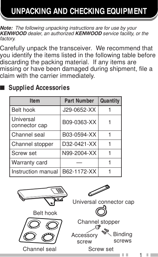 1UNPACKING AND CHECKING EQUIPMENTNote:  The following unpacking instructions are for use by yourKENWOOD dealer, an authorized KENWOOD service facility, or thefactory.Carefully unpack the transceiver.  We recommend thatyou identify the items listed in the following table beforediscarding the packing material.  If any items aremissing or have been damaged during shipment, file aclaim with the carrier immediately.■Supplied AccessoriesmetI rebmuNtraP ytitnauQkoohtleBXX-2560-92J1lasrevinU pacrotcennoc XX-3630-90B1laeslennahCXX-4950-30B1reppotslennahCXX-1240-23D1teswercSXX-4002-99N1dracytnarraW—1launamnoitcurtsnIXX-2711-26B1Belt hookUniversal connector capChannel stopperChannel seal Screw setAccessoryscrewBindingscrews