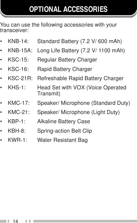 14OPTIONAL ACCESSORIESYou can use the following accessories with yourtransceiver:• KNB-14: Standard Battery (7.2 V/ 600 mAh)• KNB-15A: Long Life Battery (7.2 V/ 1100 mAh)• KSC-15: Regular Battery Charger• KSC-16: Rapid Battery Charger• KSC-21R: Refreshable Rapid Battery Charger• KHS-1: Head Set with VOX (Voice OperatedTransmit)• KMC-17: Speaker/ Microphone (Standard Duty)• KMC-21: Speaker/ Microphone (Light Duty)• KBP-1: Alkaline Battery Case• KBH-8: Spring-action Belt Clip• KWR-1: Water Resistant Bag