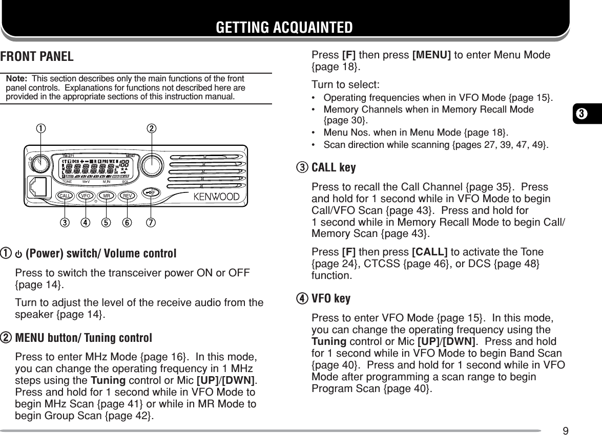 93GETTING ACQUAINTEDFRONT PANELNote:  This section describes only the main functions of the frontpanel controls.  Explanations for functions not described here areprovided in the appropriate sections of this instruction manual.q we r t y uTM-271MENUqqqqq (Power) switch/ Volume controlPress to switch the transceiver power ON or OFF{page 14}.Turn to adjust the level of the receive audio from thespeaker {page 14}.wwwwwMENU button/ Tuning controlPress to enter MHz Mode {page 16}.  In this mode,you can change the operating frequency in 1 MHzsteps using the Tuning control or Mic [UP]/[DWN].Press and hold for 1 second while in VFO Mode tobegin MHz Scan {page 41} or while in MR Mode tobegin Group Scan {page 42}.Press [F] then press [MENU] to enter Menu Mode{page 18}.Turn to select:•Operating frequencies when in VFO Mode {page 15}.•Memory Channels when in Memory Recall Mode{page 30}.•Menu Nos. when in Menu Mode {page 18}.•Scan direction while scanning {pages 27, 39, 47, 49}.eeeeeCALL keyPress to recall the Call Channel {page 35}.  Pressand hold for 1 second while in VFO Mode to beginCall/VFO Scan {page 43}.  Press and hold for1 second while in Memory Recall Mode to begin Call/Memory Scan {page 43}.Press [F] then press [CALL] to activate the Tone{page 24}, CTCSS {page 46}, or DCS {page 48}function.rrrrrVFO keyPress to enter VFO Mode {page 15}.  In this mode,you can change the operating frequency using theTuning control or Mic [UP]/[DWN].  Press and holdfor 1 second while in VFO Mode to begin Band Scan{page 40}.  Press and hold for 1 second while in VFOMode after programming a scan range to beginProgram Scan {page 40}.