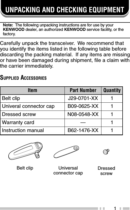 1UNPACKING AND CHECKING EQUIPMENTNote:  The following unpacking instructions are for use by yourKENWOOD dealer, an authorized KENWOOD service facility, or thefactory.Carefully unpack the transceiver.  We recommend thatyou identify the items listed in the following table beforediscarding the packing material.  If any items are missingor have been damaged during shipment, file a claim withthe carrier immediately.SUPPLIED ACCESSORIESmetI rebmuNtraP ytitnauQpilctleBXX-1070-92J1pacrotcennoclarevinUXX-5260-90B1wercsdesserDXX-8450-80N1dracytnarraW—1launamnoitcurtsnIXX-6741-26B1Belt clip Universalconnector capDressedscrew