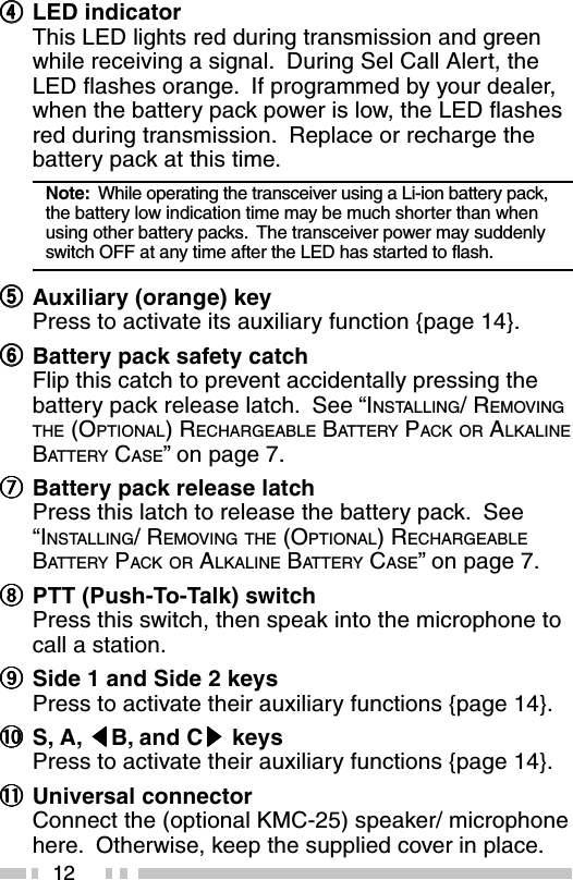 12rrrrrLED indicatorThis LED lights red during transmission and greenwhile receiving a signal.  During Sel Call Alert, theLED flashes orange.  If programmed by your dealer,when the battery pack power is low, the LED flashesred during transmission.  Replace or recharge thebattery pack at this time.Note:  While operating the transceiver using a Li-ion battery pack,the battery low indication time may be much shorter than whenusing other battery packs.  The transceiver power may suddenlyswitch OFF at any time after the LED has started to flash.tttttAuxiliary (orange) keyPress to activate its auxiliary function {page 14}.yyyyyBattery pack safety catchFlip this catch to prevent accidentally pressing thebattery pack release latch.  See “INSTALLING/ REMOVINGTHE (OPTIONAL) RECHARGEABLE BATTERY PACK OR ALKALINEBATTERY CASE” on page 7.uuuuuBattery pack release latchPress this latch to release the battery pack.  See“INSTALLING/ REMOVING THE (OPTIONAL) RECHARGEABLEBATTERY PACK OR ALKALINE BATTERY CASE” on page 7.iiiiiPTT (Push-To-Talk) switchPress this switch, then speak into the microphone tocall a station.oooooSide 1 and Side 2 keysPress to activate their auxiliary functions {page 14}.!0!0!0!0!0 S, A, tttttB, and Csssss keysPress to activate their auxiliary functions {page 14}.!1!1!1!1!1 Universal connectorConnect the (optional KMC-25) speaker/ microphonehere.  Otherwise, keep the supplied cover in place.