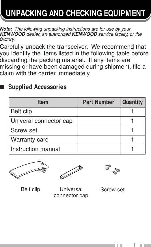 1UNPACKING AND CHECKING EQUIPMENTNote:  The following unpacking instructions are for use by yourKENWOOD dealer, an authorized KENWOOD service facility, or thefactory.Carefully unpack the transceiver.  We recommend thatyou identify the items listed in the following table beforediscarding the packing material.  If any items aremissing or have been damaged during shipment, file aclaim with the carrier immediately.■Supplied AccessoriesmetI rebmuNtraP ytitnauQpilctleB1pacrotcennoclarevinU1teswercS1dracytnarraW1launamnoitcurtsnI1Belt clip Universalconnector cap Screw set