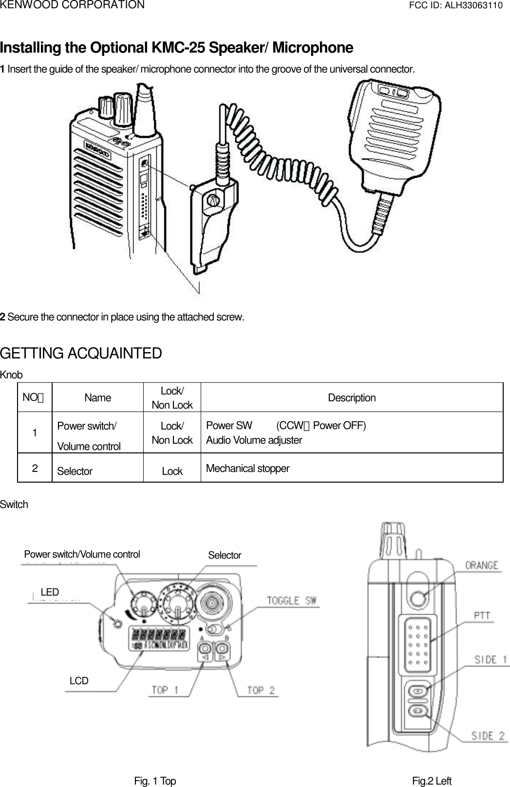 KENWOOD CORPORATION                        FCC ID: ALH33063110   Installing the Optional KMC-25 Speaker/ Microphone 1 Insert the guide of the speaker/ microphone connector into the groove of the universal connector.                 2 Secure the connector in place using the attached screw.  GETTING ACQUAINTED Knob NO． Name  Lock/ Non Lock  Description 1  Power switch/ Volume control Lock/ Non Lock Power SW     (CCW：Power OFF)   Audio Volume adjuster   2  Selector Lock Mechanical stopper  Switch                                Fig. 1 Top                             Fig.2 Left     LCD LED Power switch/Volume control  Selector 