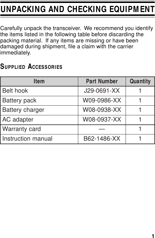 1UNPACKING AND CHECKING EQUIPMENTCarefully unpack the transceiver.  We recommend you identifythe items listed in the following table before discarding thepacking material.  If any items are missing or have beendamaged during shipment, file a claim with the carrierimmediately.SUPPLIED ACCESSORIESmetI rebmuNtraP ytitnauQkoohtleBXX-1960-92J1kcapyrettaBXX-6890-90W1regrahcyrettaBXX-8390-80W1retpadaCAXX-7390-80W1dracytnarraW—1launamnoitcurtsnIXX-6841-26B1