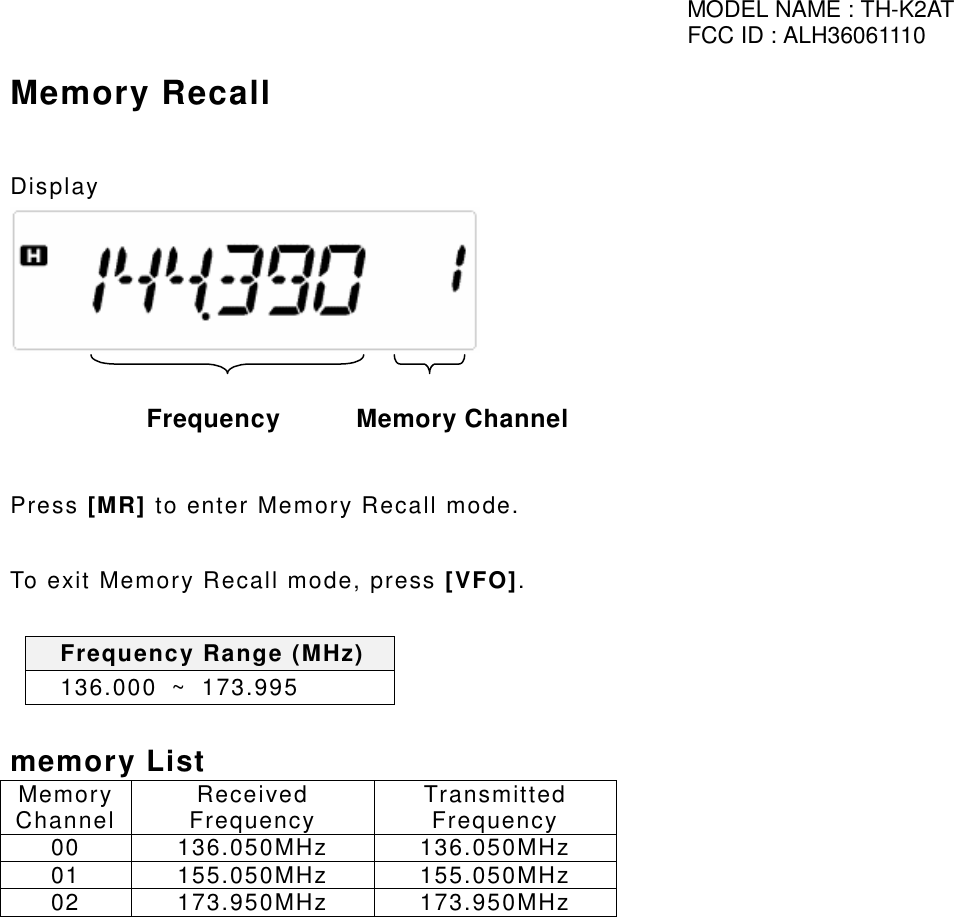 MODEL NAME : TH-K2ATFCC ID : ALH36061110Memory RecallDisplayPress [MR] to enter Memory Recall mode.To exit Memory Recall mode, press [VFO].Frequency Range (MHz)136.000 ~ 173.995memory ListMemoryChannel ReceivedFrequency TransmittedFrequency00 136.050MHz 136.050MHz01 155.050MHz 155.050MHz02 173.950MHz 173.950MHzFrequency  Memory Channel