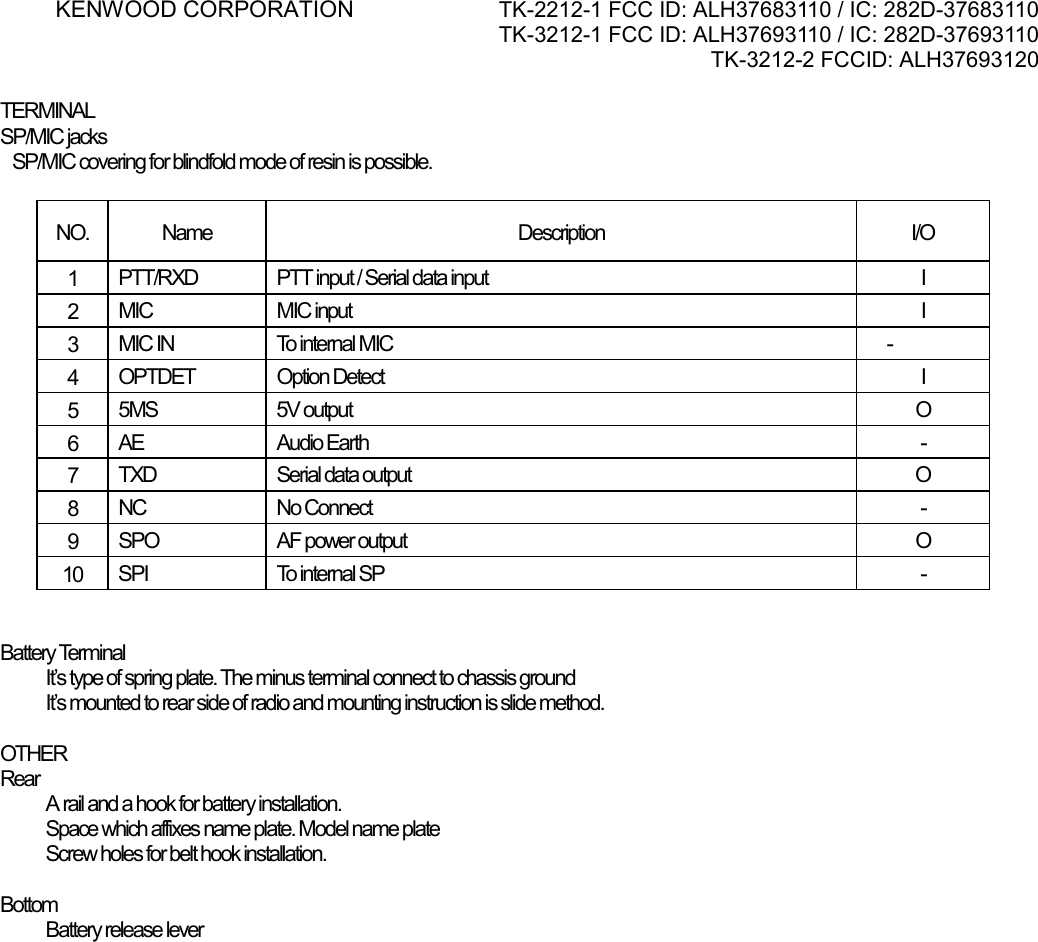 KENWOOD CORPORATION    TK-2212-1 FCC ID: ALH37683110 / IC: 282D-37683110 TK-3212-1 FCC ID: ALH37693110 / IC: 282D-37693110 TK-3212-2 FCCID: ALH37693120      TERMINAL SP/MIC jacks    SP/MIC covering for blindfold mode of resin is possible.  NO. Name  Description  I/O 1  PTT/RXD  PTT input / Serial data input  I 2  MIC MIC input  I 3  MIC IN  To internal MIC       - 4  OPTDET Option Detect  I 5  5MS 5V output  O 6  AE Audio Earth  - 7  TXD  Serial data output  O 8  NC No Connect  - 9  SPO  AF power output  O 10  SPI  To internal SP  -   Battery Terminal It’s type of spring plate. The minus terminal connect to chassis ground It’s mounted to rear side of radio and mounting instruction is slide method.  OTHER Rear A rail and a hook for battery installation. Space which affixes name plate. Model name plate Screw holes for belt hook installation.  Bottom Battery release lever 