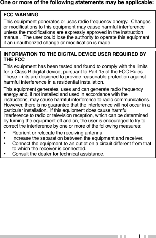 iOne or more of the following statements may be applicable:FCC WARNINGThis equipment generates or uses radio frequency energy.  Changesor modifications to this equipment may cause harmful interferenceunless the modifications are expressly approved in the instructionmanual.  The user could lose the authority to operate this equipmentif an unauthorized change or modification is made.INFORMATION TO THE DIGITAL DEVICE USER REQUIRED BYTHE FCCThis equipment has been tested and found to comply with the limitsfor a Class B digital device, pursuant to Part 15 of the FCC Rules.These limits are designed to provide reasonable protection againstharmful interference in a residential installation.This equipment generates, uses and can generate radio frequencyenergy and, if not installed and used in accordance with theinstructions, may cause harmful interference to radio communications.However, there is no guarantee that the interference will not occur in aparticular installation.  If this equipment does cause harmfulinterference to radio or television reception, which can be determinedby turning the equipment off and on, the user is encouraged to try tocorrect the interference by one or more of the following measures:•Reorient or relocate the receiving antenna.•Increase the separation between the equipment and receiver.•Connect the equipment to an outlet on a circuit different from thatto which the receiver is connected.•Consult the dealer for technical assistance.