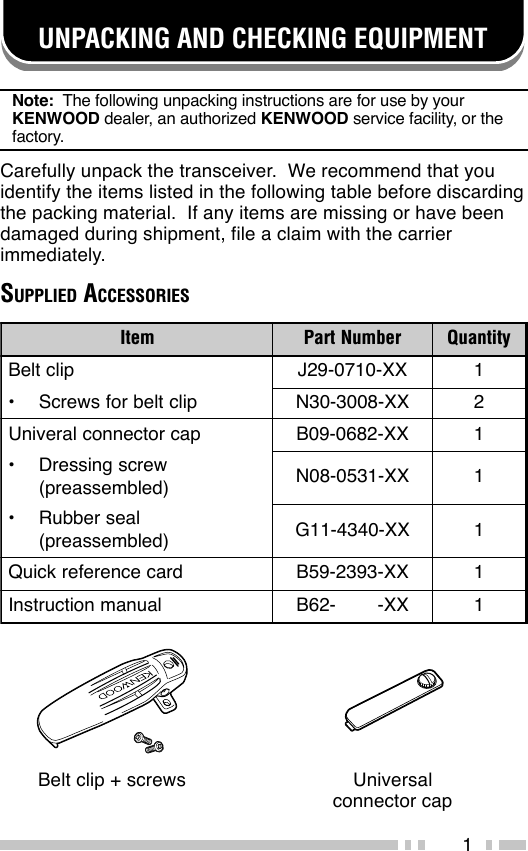 1UNPACKING AND CHECKING EQUIPMENTNote:  The following unpacking instructions are for use by yourKENWOOD dealer, an authorized KENWOOD service facility, or thefactory.Carefully unpack the transceiver.  We recommend that youidentify the items listed in the following table before discardingthe packing material.  If any items are missing or have beendamaged during shipment, file a claim with the carrierimmediately.SUPPLIED ACCESSORIESBelt clip + screws Universalconnector capmetI rebmuNtraP ytitnauQpilctleBXX-0170-92J1•pilctlebrofswercSXX-8003-03N2pacrotcennoclarevinUXX-2860-90B1•wercsgnisserD)delbmessaerp( XX-1350-80N1•laesrebbuR)delbmessaerp( XX-0434-11G1dracecnereferkciuQXX-3932-95B1launamnoitcurtsnIXX-6971-26B1