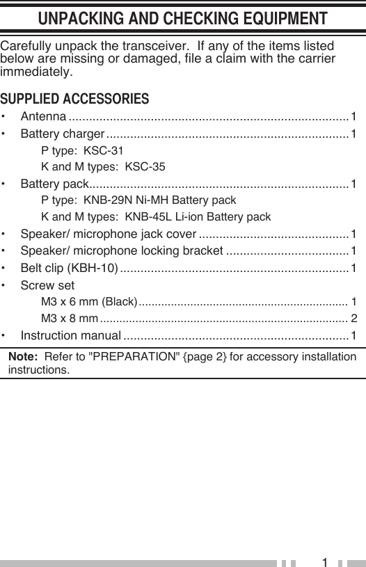 1Carefully unpack the transceiver.  If any of the items listed below are missing or damaged, file a claim with the carrier immediately.•  Antenna ..................................................................................1•  Battery charger .......................................................................1  P type:  KSC-31  K and M types:  KSC-35•  Battery pack ............................................................................1  P type:  KNB-29N Ni-MH Battery pack  K and M types:  KNB-45L Li-ion Battery pack•  Speaker/ microphone jack cover ............................................1•  Speaker/ microphone locking bracket ....................................1•  Belt clip (KBH-10) ...................................................................1•  Screw set  M3 x 6 mm (Black) ................................................................. 1  M3 x 8 mm ............................................................................. 2•  Instruction manual ..................................................................1Note:  Refer to &quot;PREPARATION&quot; {page 2} for accessory installation instructions.