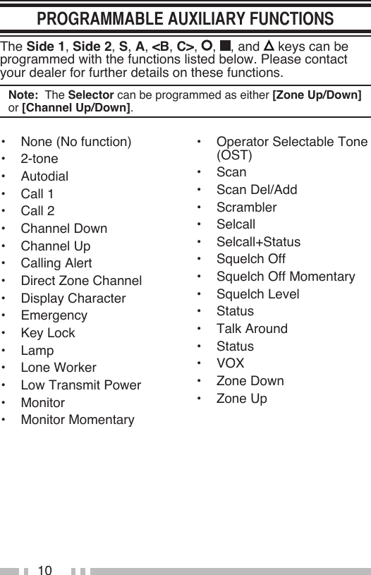 10The Side 1, Side 2, S, A, &lt;B, C&gt;,  ,  , and   keys can be programmed with the functions listed below. Please contact your dealer for further details on these functions.Note:  The Selector can be programmed as either [Zone Up/Down] or [Channel Up/Down].•   None (No function)•   2-tone•   Autodial•   Call 1•   Call 2•   Channel Down•   Channel Up•   Calling Alert•   Direct Zone Channel•   Display Character•   Emergency•   Key Lock•   Lamp•   Lone Worker•   Low Transmit Power•   Monitor•   Monitor Momentary•   Operator Selectable Tone (OST)•   Scan•   Scan Del/Add•   Scrambler•   Selcall•   Selcall+Status•   Squelch Off•   Squelch Off Momentary•   Squelch Level•   Status•   Talk Around•   Status•   VOX•   Zone Down•   Zone Up