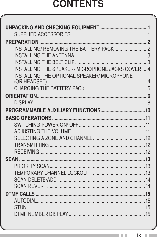 ixCONTENTSUNPACKING AND CHECKING EQUIPMENT .....................................1Supplied AcceSSorieS ............................................................1PREPARATION .....................................................................................2inStAlling/ removing the BAttery pAck ..........................2inStAlling the AntennA .........................................................3inStAlling the Belt clip .........................................................3inStAlling the SpeAker/ microphone JAckS cover .....4inStAlling the optionAl SpeAker/ microphone  (or heAdSet) ...............................................................................4chArging the BAttery pAck .................................................5ORIENTATION .......................................................................................6diSplAy..........................................................................................8PROGRAMMABLE AUXILIARY FUNCTIONS ...................................10BASIC OPERATIONS .........................................................................11Switching power on/ oFF ....................................................11AdJuSting the volume ..........................................................11Selecting A Zone And chAnnel .........................................12trAnSmitting ...........................................................................12receiving ...................................................................................12SCAN ...................................................................................................13priority ScAn...........................................................................13temporAry chAnnel lockout ...........................................13ScAn delete/Add .....................................................................14ScAn revert .............................................................................14DTMF CALLS ......................................................................................15AutodiAl .....................................................................................15Stun .............................................................................................15dtmF numBer diSplAy ............................................................15