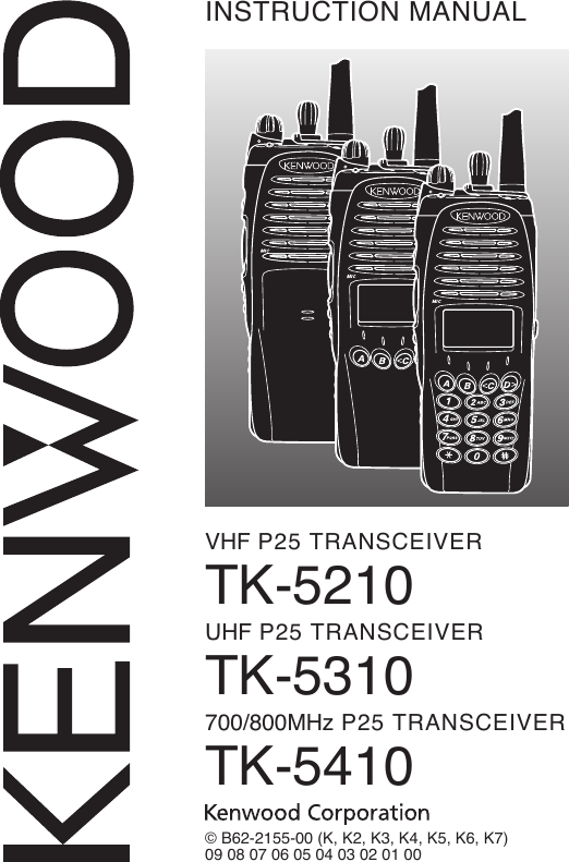 © B62-2155-00 (K, K2, K3, K4, K5, K6, K7)09 08 07 06 05 04 03 02 01 00INSTRUCTION MANUALVHF P25 TRANSCEIVERTK-5210UHF P25 TRANSCEIVERTK-5310700/800MHz P25 TRANSCEIVERTK-5410