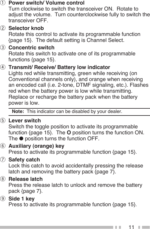 11q  Power switch/ Volume control Turn clockwise to switch the transceiver ON.  Rotate to adjust the volume.  Turn counterclockwise fully to switch the transceiver OFF.w  Selector knob Rotate this control to activate its programmable function {page 15}.  The default setting is Channel Select.e  Concentric switch Rotate this switch to activate one of its programmable functions {page 15}.r  Transmit/ Receive/ Battery low indicator Lights red while transmitting, green while receiving (on Conventional channels only), and orange when receiving an encoded call (i.e. 2-tone, DTMF signaling, etc.). Flashes red when the battery power is low while transmitting.  Replace or recharge the battery pack when the battery power is low.Note:  This indicator can be disabled by your dealer.t  Lever switch Switch the toggle position to activate its programmable function {page 15}.  The O position turns the function ON.  The ● position turns the function OFF.y  Auxiliary (orange) key Press to activate its programmable function {page 15}.u  Safety catch Lock this catch to avoid accidentally pressing the release latch and removing the battery pack {page 7}.i  Release latch Press the release latch to unlock and remove the battery pack {page 7}.o  Side 1 key Press to activate its programmable function {page 15}.