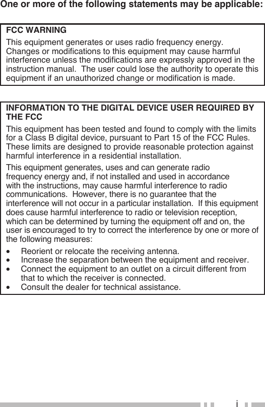 iOne or more of the following statements may be applicable:FCC WARNINGThis equipment generates or uses radio frequency energy.  Changes or modifications to this equipment may cause harmful interference unless the modifications are expressly approved in the instruction manual.  The user could lose the authority to operate this equipment if an unauthorized change or modification is made.INFORMATION TO THE DIGITAL DEVICE USER REQUIRED BY THE FCCThis equipment has been tested and found to comply with the limits for a Class B digital device, pursuant to Part 15 of the FCC Rules.  These limits are designed to provide reasonable protection against harmful interference in a residential installation.This equipment generates, uses and can generate radio frequency energy and, if not installed and used in accordance with the instructions, may cause harmful interference to radio communications.  However, there is no guarantee that the interference will not occur in a particular installation.  If this equipment does cause harmful interference to radio or television reception, which can be determined by turning the equipment off and on, the user is encouraged to try to correct the interference by one or more of the following measures:•  Reorient or relocate the receiving antenna.•  Increase the separation between the equipment and receiver.•  Connect the equipment to an outlet on a circuit different from that to which the receiver is connected.•  Consult the dealer for technical assistance.