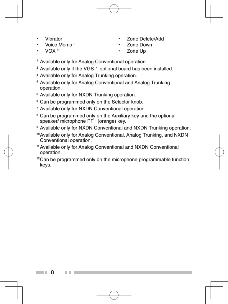 8• Vibrator• Voice Memo 2• VOX 11• Zone Delete/Add• Zone Down• Zone Up1Available only for Analog Conventional operation.2Available only if the VGS-1 optional board has been installed.3Available only for Analog Trunking operation.4Available only for Analog Conventional and Analog Trunking operation.5Available only for NXDN Trunking operation.6Can be programmed only on the Selector knob.7Available only for NXDN Conventional operation.8Can be programmed only on the Auxiliary key and the optional speaker/ microphone PF1 (orange) key.9Available only for NXDN Conventional and NXDN Trunking operation.10Available only for Analog Conventional, Analog Trunking, and NXDN Conventional operation.11 Available only for Analog Conventional and NXDN Conventional operation.12Can be programmed only on the microphone programmable function keys.