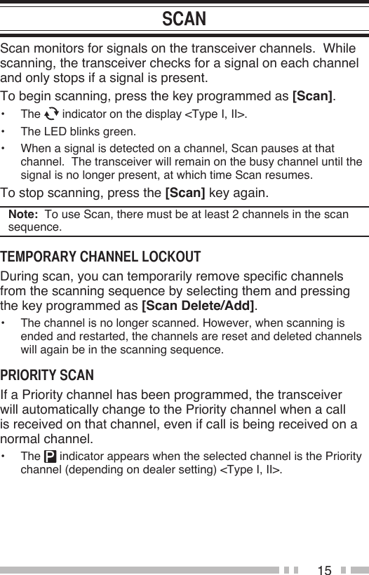 15Scan monitors for signals on the transceiver channels.  While scanning, the transceiver checks for a signal on each channel and only stops if a signal is present.To begin scanning, press the key programmed as [Scan].•  The   indicator on the display &lt;Type I, II&gt;.•  The LED blinks green.•  When a signal is detected on a channel, Scan pauses at that channel.  The transceiver will remain on the busy channel until the signal is no longer present, at which time Scan resumes.To stop scanning, press the [Scan] key again.Note:  To use Scan, there must be at least 2 channels in the scan sequence.During scan, you can temporarily remove specific channels from the scanning sequence by selecting them and pressing the key programmed as [Scan Delete/Add].•  The channel is no longer scanned. However, when scanning is ended and restarted, the channels are reset and deleted channels will again be in the scanning sequence.If a Priority channel has been programmed, the transceiver will automatically change to the Priority channel when a call is received on that channel, even if call is being received on a normal channel.•   The   indicator appears when the selected channel is the Priority channel (depending on dealer setting) &lt;Type I, II&gt;.