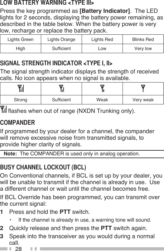 28Press the key programmed as [Battery Indicator].  The LED lights for 2 seconds, displaying the battery power remaining, as described in the table below. When the battery power is very low, recharge or replace the battery pack.　Lights GreenLights OrangeLights Red Blinks RedHigh Sufficient Low Very lowThe signal strength indicator displays the strength of received calls. No icon appears when no signal is available.Strong Sufficient Weak Very weak flashes when out of range (NXDN Trunking only).If programmed by your dealer for a channel, the compander will remove excessive noise from transmitted signals, to provide higher clarity of signals.Note:  The COMPANDER is used only in analog operation.On Conventional channels, if BCL is set up by your dealer, you will be unable to transmit if the channel is already in use.  Use a different channel or wait until the channel becomes free.If BCL Override has been programmed, you can transmit over the current signal:1  Press and hold the PTT switch.•  If the channel is already in use, a warning tone will sound.2  Quickly release and then press the PTT switch again.3  Speak into the transceiver as you would during a normal call.