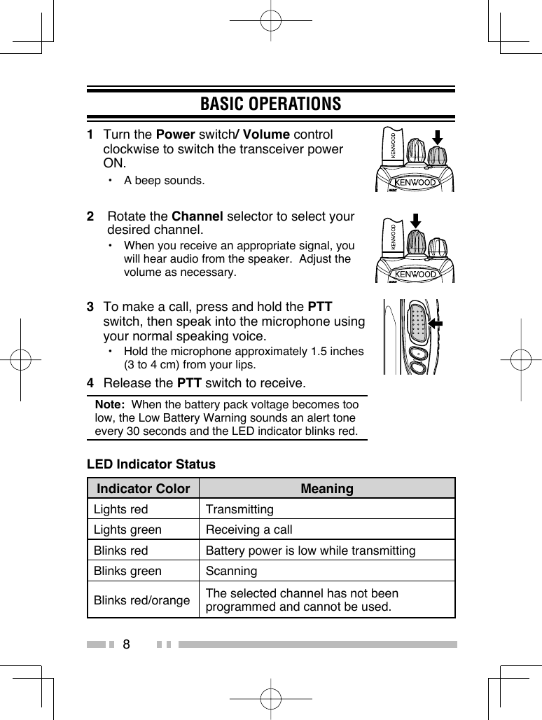 8BASIC OPERATIONS1 Turn the Power switch/ Volume control clockwise to switch the transceiver power ON.•  A beep sounds.2 Rotate the Channel selector to select your desired channel.•  When you receive an appropriate signal, you will hear audio from the speaker.  Adjust the volume as necessary.3  To make a call, press and hold the PTT switch, then speak into the microphone using your normal speaking voice.•  Hold the microphone approximately 1.5 inches (3 to 4 cm) from your lips.4 Release the PTT switch to receive.Note:  When the battery pack voltage becomes too low, the Low Battery Warning sounds an alert tone every 30 seconds and the LED indicator blinks red.LED Indicator StatusIndicator Color MeaningLights red TransmittingLights green Receiving a callBlinks red Battery power is low while transmittingBlinks green ScanningBlinks red/orange The selected channel has not been programmed and cannot be used.